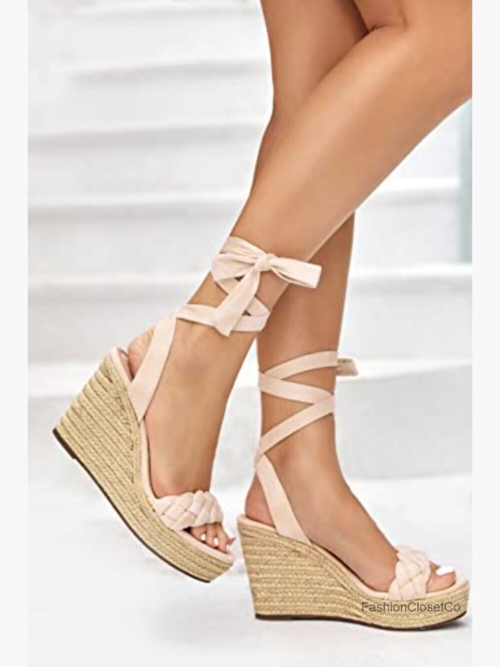 Braided Wedge Espadrille Sandals Lace Up Slingback Open Toe Platform Heeled - Picture 3 of 7